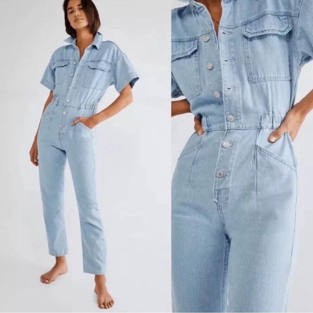 We the Free People Marci Denim Jumpsuit Coveralls Light Wash Pockets Large